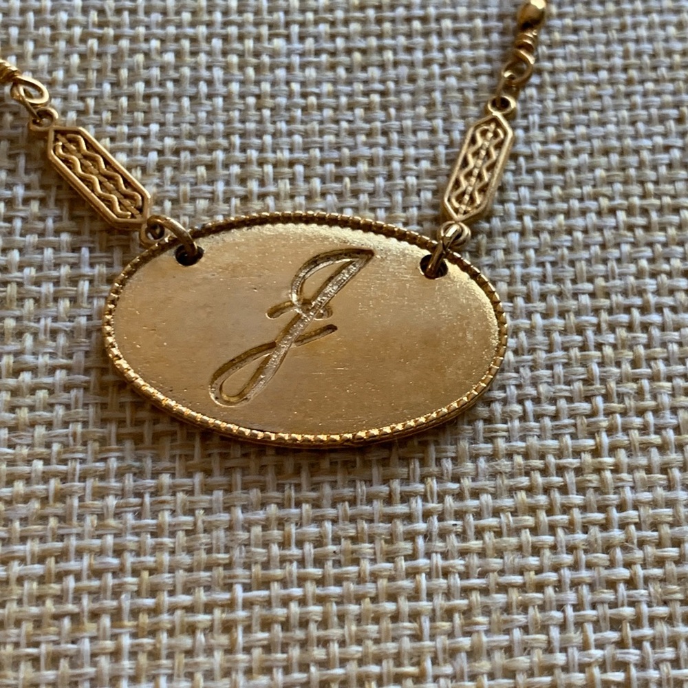 Vintage gold tone J signet necklace